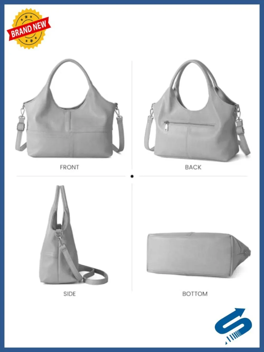 Vegan Leather Tote Hobo Bag with Detachable Strap, Two Handles, Women's Handbag